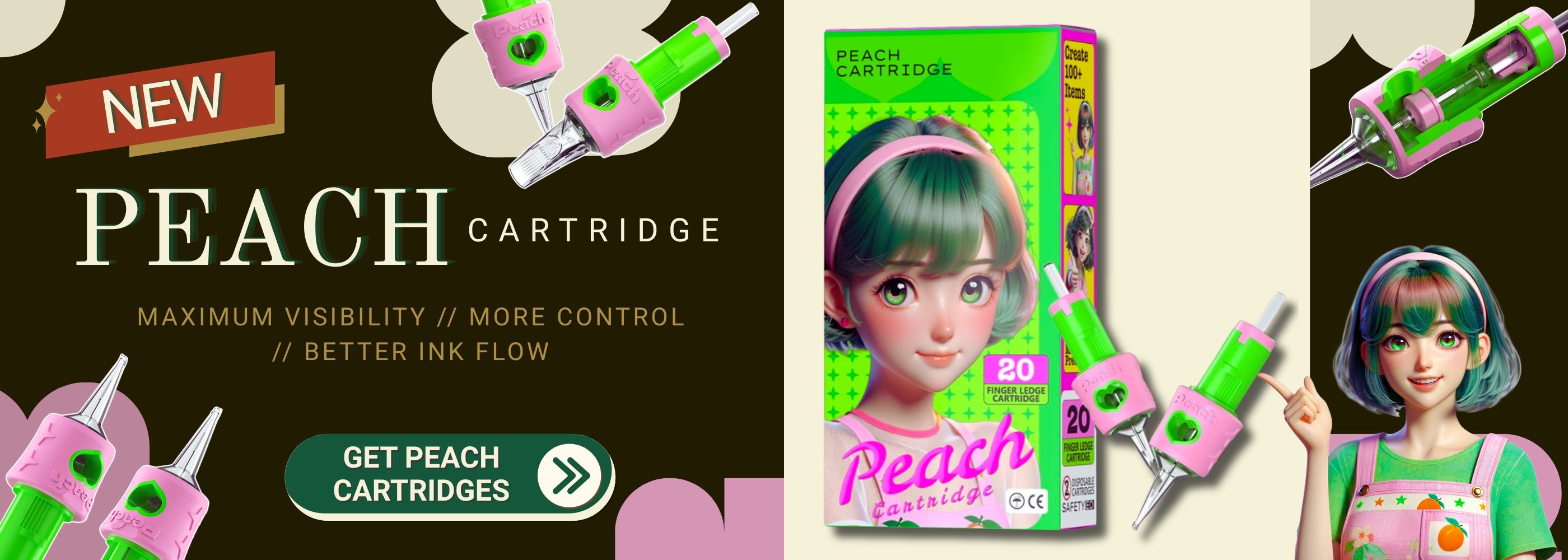 Peach cartridge web banner with mascot and the green box containing 20 pieces of cartridges